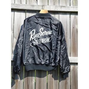 Vintage King Louie Pro Fit XL Black Satin Bomber Jacket Ring Screw 90s Workwear